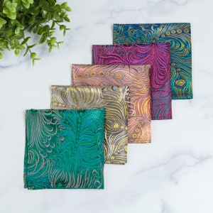 Blue, Gold Peacock Feather Brocade Men&#39;s Pocket Square, handkerchief, 10&quot; x 10&quot; Each
