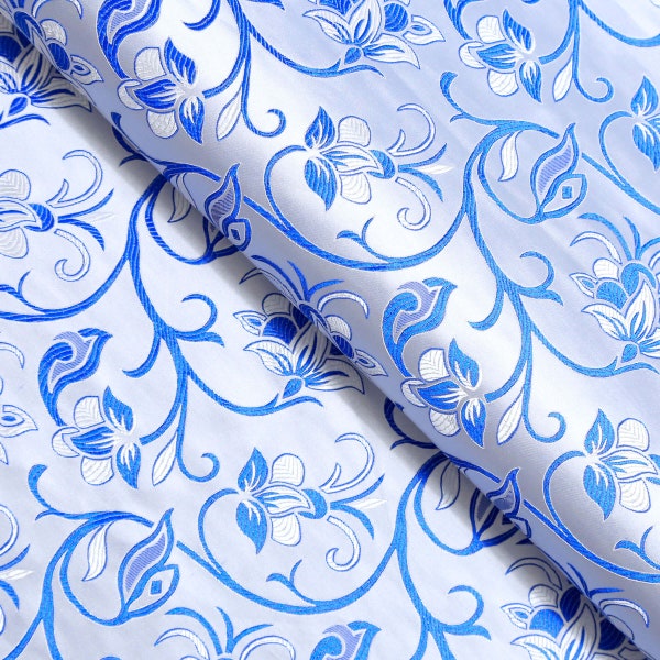 Blue & White Floral Brocade Fabric, Jacquard Fabric, Fabric by the Yard, 29 Inches Wide