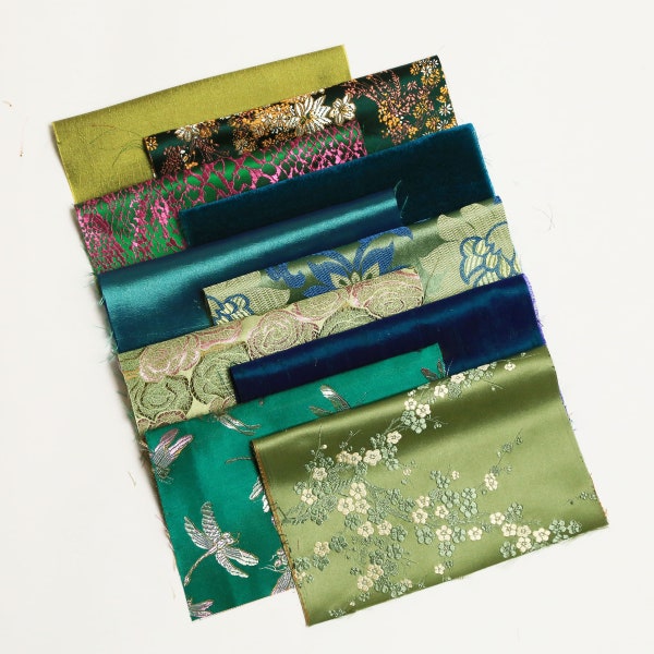 Tela de brocado, tafetán, seda y terciopelo Dupioni, un paquete de tela para colcha loca, 10 piezas de color surtido, tamaño: 9 "x 7" cada una, verde