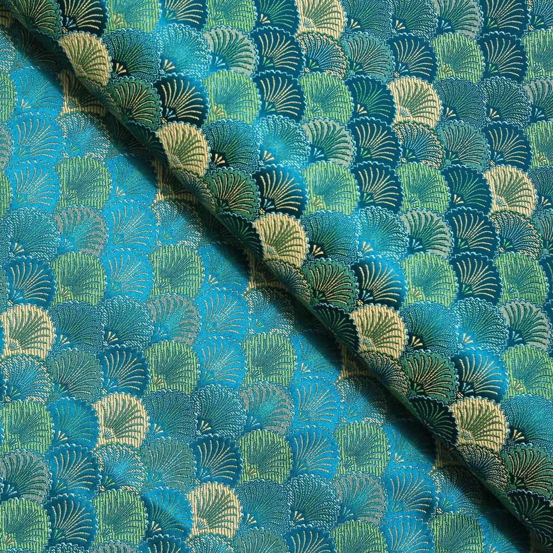 Teal Green Shells Brocade Fabric, Jacquard Fabric, Fabric by the Yard ...