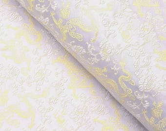 White and Gold Dragon Brocade Fabric, Jacquard Wedding Cheongsam Material, 29" wide