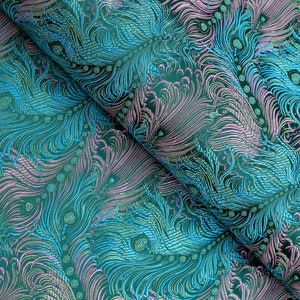 Teal &  Pink Peacock Feather, Brocade Fabric,  Fabric by the Yards, 29 Inches Wide