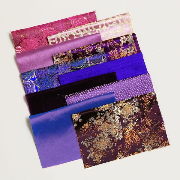 Brocade Fabric, Taffeta, Dupioni Silk and Velvet, A Fabric Bundle for Crazy Quilt, 10 Pieces Assorted Color, Size: 9" x 7" Each, Purple Blue