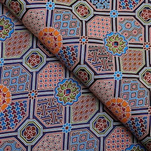 Navy Blue Brocade Fabric: Orange Exotic Pattern with Gold Thread, Heavy Upholstery, 28&quot; Wide