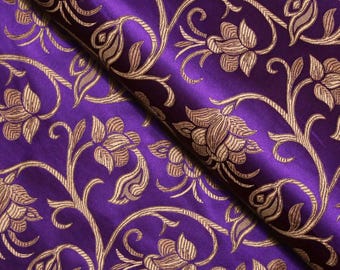 Purple Brocade Fabric, Antique Gold Floral Jacquard, 29" Wide, Dressmaking,  Cheongsam, Fashion & Interior Design