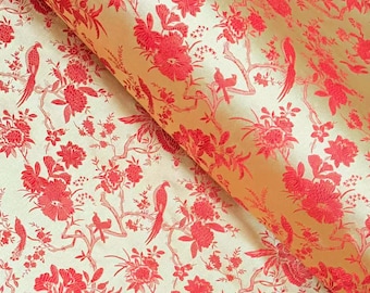 Tela de brocado dorado: diseño floral de pájaros burdeos, 73 cm de ancho