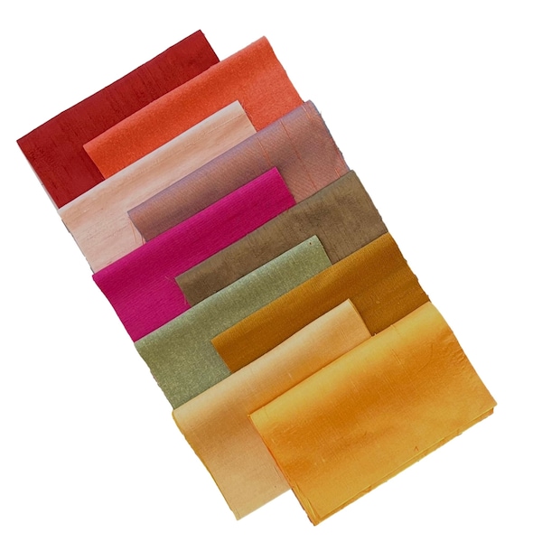 Dupioni Silk, Hand Dyed Raw Silk, 10 Pieces Assorted Color, Reds, Pinks, Yellow, Size: 9" x 7" Each Piece