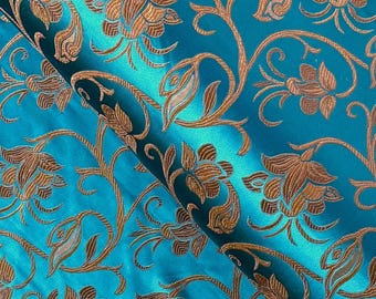 Teal Brocade Fabric: Antique Gold Floral Jacquard, Asian Style - 29" Wide