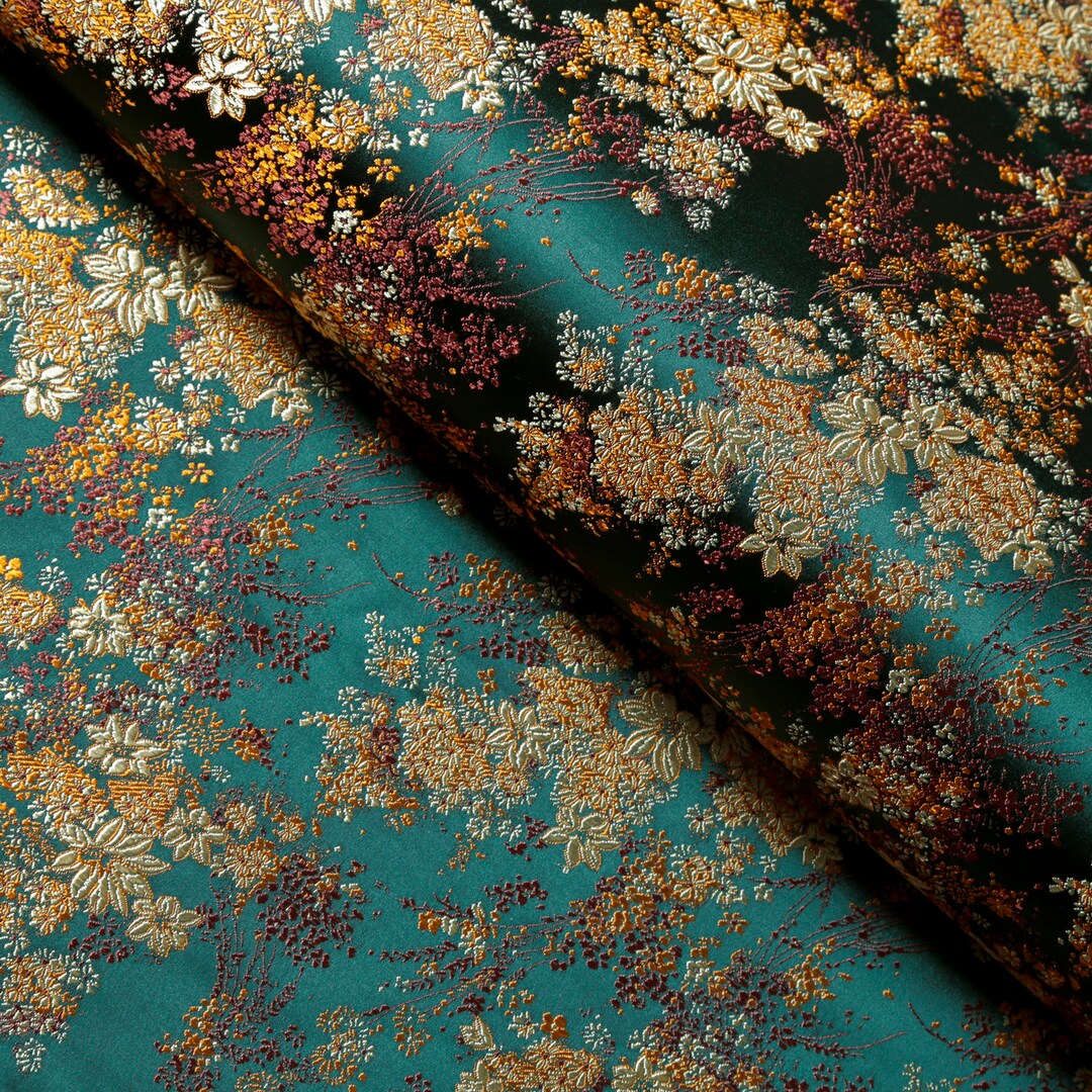 Dark Green With Gold Small Floral Brocade Fabric, Jacquard Fabric