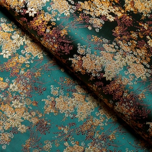 Dark Green with Gold Small Floral Brocade Fabric, Jacquard Fabric, Fabric by the Yard,28 Inches Wide.