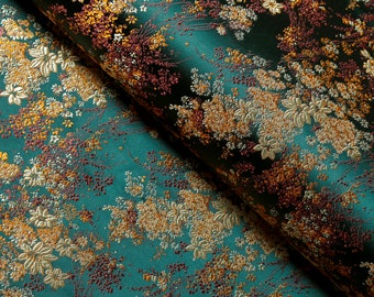 Dark Green with Gold Small Floral Brocade Fabric, Jacquard Fabric, Fabric by the Yard,28 Inches Wide.