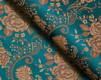 Teal Blue Floral Brocade Jacquard Fabric - Antique Gold Accents, 29" wide