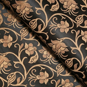 Black & Antique Gold Floral Brocade Fabric, Jacquard Fabric, Fabric by the Yard, 29 Inches Wide