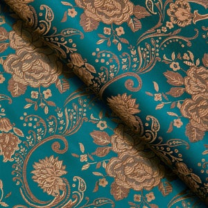 Dark Teal Blue & Antique Gold Floral Brocade Fabric, Jacquard Fabric, Fabric by the Yard, 29 Inches Wide