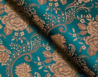 Dark Teal Blue & Antique Gold Floral Brocade Fabric, Jacquard Fabric, Fabric by the Yard, 29 Inches Wide