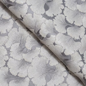 Silver, Light Gray Ginkgo Leaves, Jacquard Fabric, Fabric by the Yard, 59 Inches Wide