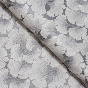 Silver, Light Gray Ginkgo Leaves, Jacquard Fabric, Fabric by the Yard, 59 Inches Wide