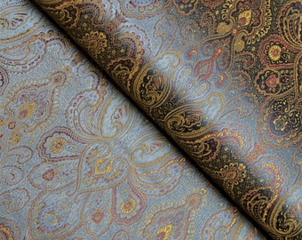 Gray, Gold Paisley Pattern Brocade Fabric, 28 Inches Wide