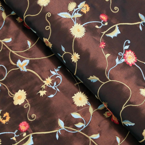 Brown Floral Embroidered Taffeta, Fabric by the Yard, Apparel, Drapery, Home Décor Fabric, 58" Wide