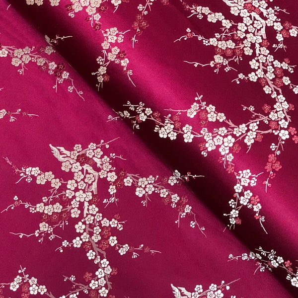 Burgundy Red, Gold Cherry Blossom, Brocade Fabric, Satin Tapestry, 30 inches wide,