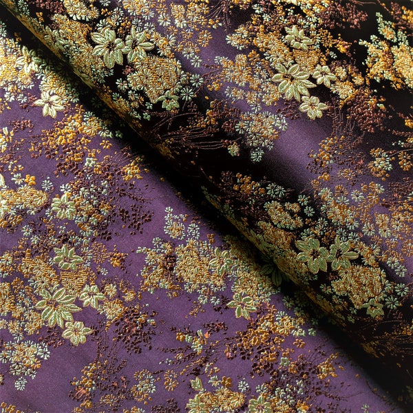 Dark Plum, Gold Small Floral Brocade Fabric, Jacquard Fabric, Fabric by the Yard, 28 Inches Wide.