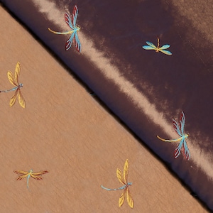 Copper Dragonfly Embroidered Taffeta Fabric by the Yard, Apparel, Drapery, Home Décor Fabric