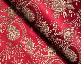Red Floral Jacquard Brocade Fabric by Yard, Evening Dress Textile, 29" wide