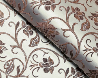 Floral Brocade Fabric: Silver Gray & Brown Jacquard, 29" Wide