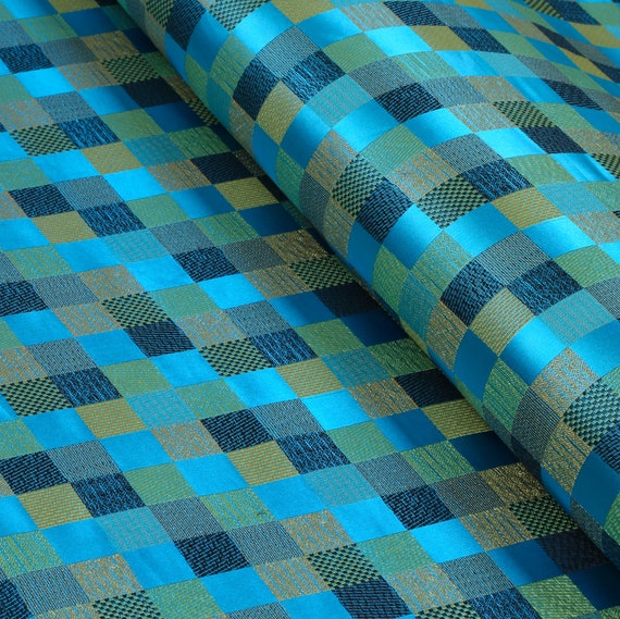 Blue Aqua Checker Brocade Jacquard Fabric - Geometric Pattern for Sewing, Home Decor, Designer Textile