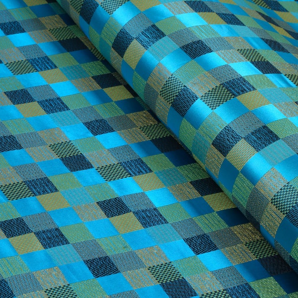 Blue Aqua Checker Brocade Fabric, Jacquard Fabric, Fabric by the Yard, 36 inches wide.