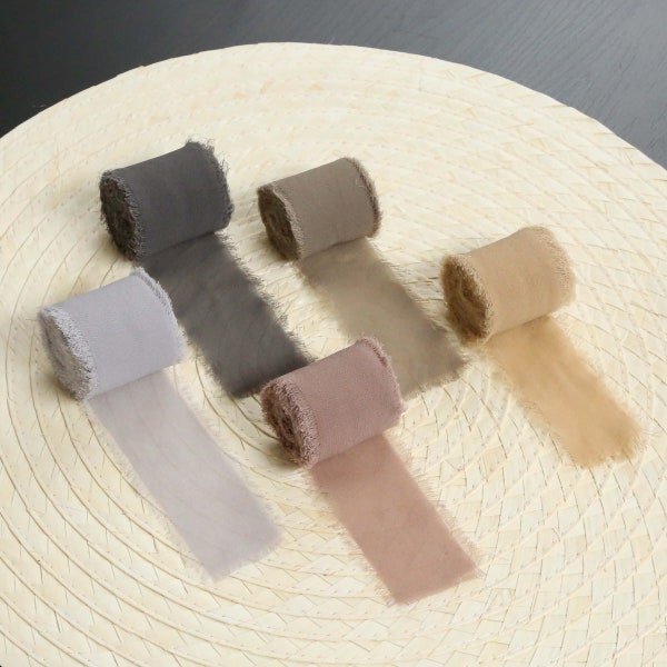 Earth tone, Handmade Frayed Edge Chiffon Ribbon, For Bridal Bouquet, Invitations, Wedding or Gift Wrapping, Price Per Roll