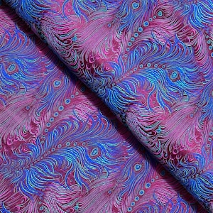 Tela de brocado con plumas de pavo real, jacquard morado y azul, 73 cm de ancho, tapiz, textil oriental de peso medio