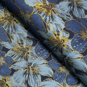 Large Blue Flowers with Gold Metallic Embellishments, 64"Wide Brocade Fabric, Jacquard Fabric, Apparel Fabric, Fabric by the Yard