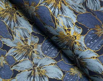 Large Blue Flowers with Gold Metallic Embellishments, 64"Wide Brocade Fabric, Jacquard Fabric, Apparel Fabric, Fabric by the Yard
