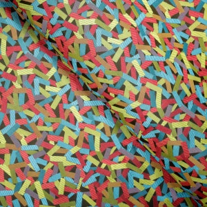 May include: A fabric with a repeating pattern of colorful, thin, striped lines on a black background. The lines are in shades of red, blue, green, yellow, and brown.