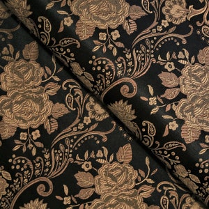 Black& Antique Gold Floral Brocade Fabric, Jacquard Fabric, Fabric by the Yard, 29 Inches Wide