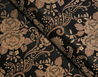 Black& Antique Gold Floral Brocade Fabric, Jacquard Fabric, Fabric by the Yard, 29 Inches Wide