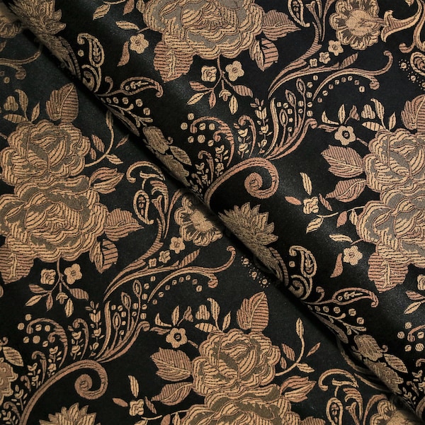 Black& Antique Gold Floral Brocade Fabric, Jacquard Fabric, Fabric by the Yard, 29 Inches Wide