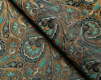 Black With  Teal Orange Paisley Brocade Fabric. Jacquard Fabric, Tuxedo Fabric, Vest Fabric, Tie Fabric ,This fabric is 29 inches wide.