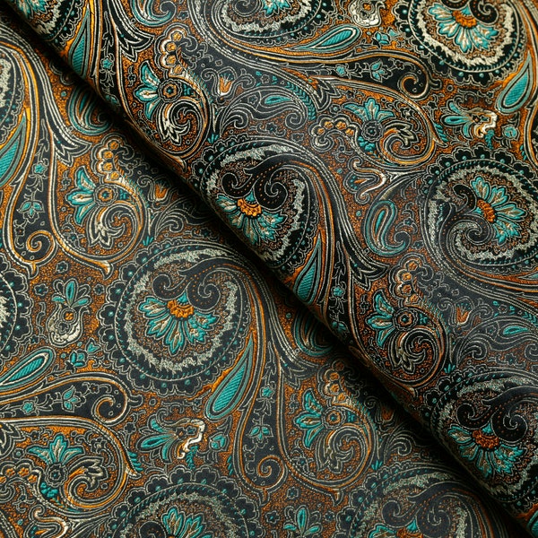 Black With  Teal Orange Paisley Brocade Fabric. Jacquard Fabric, Tuxedo Fabric, Vest Fabric, Tie Fabric ,This fabric is 29 inches wide.