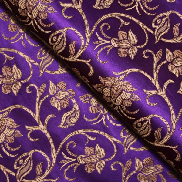 Purple & Antique Gold Floral Brocade Fabric, Jacquard Fabric, Fabric by the Yard, 29 Inches Wide
