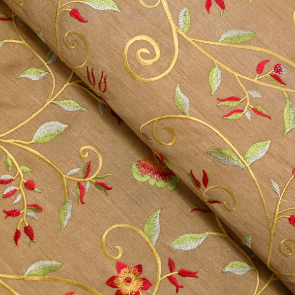 Beige Floral Embroidered Dupioni, Fabric by the Yard, Apparel, Drapery, Home Décor Fabric, 58" Wide