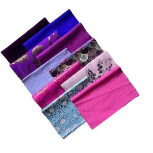 Blue Purple, Brocade & Velvet , Hand dyed raw silk Fabric Bundle, Assorted Pack of 10 Pieces, 9" x 7" Each