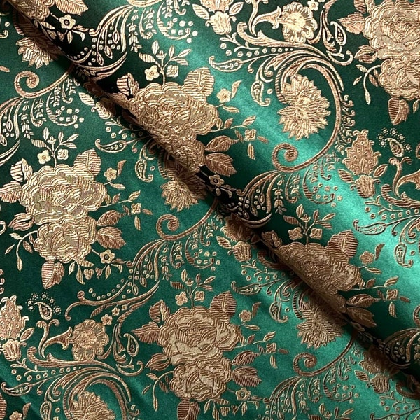 Dark Green & Antique Gold Floral Brocade Fabric, Jacquard Fabric, Fabric by the Yard, 29 Inches Wide