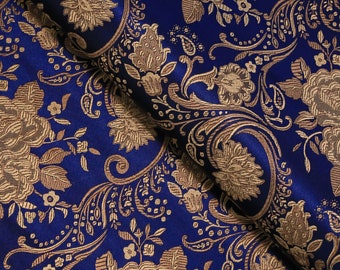Navy Blue & Antique Gold Floral Brocade Fabric, Jacquard Textile by the Yard, 29" wide