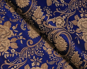 Navy Blue & Antique Gold Floral Brocade Fabric, Jacquard Fabric, Fabric by the Yard, 29 Inches Wide