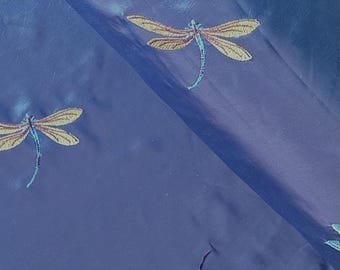 Blue Dragonfly Embroidered Taffeta Fabric - 58" Wide