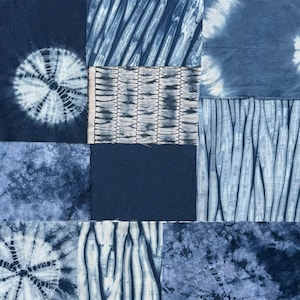 Hand Dyed Indigo Cotton Fabric Bundle: 10 Patchwork Pieces (7x9&quot; Each)