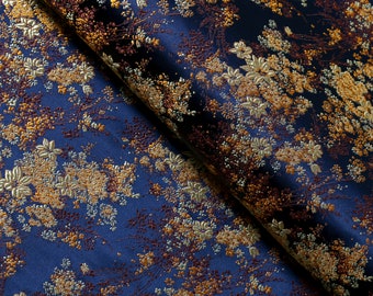Blue Brocade Fabric,  Gold Floral Jacquard, 28" Wide | for Apparel, Home Decor, Tuxedo, Vest,