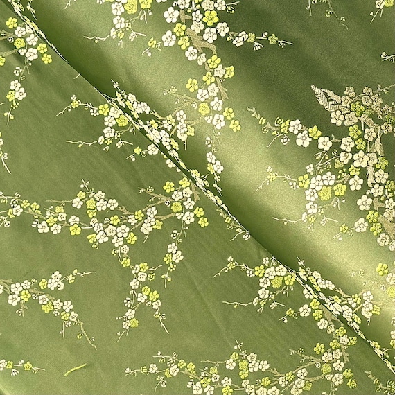 Green Cherry Blossom Brocade Fabric - Cheongsam, Pillows, Handbags, 29" wide